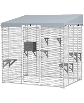 PawHut 79" Large Catio, Galvanized Steel Outdoor Cat Enclosure with Canopy