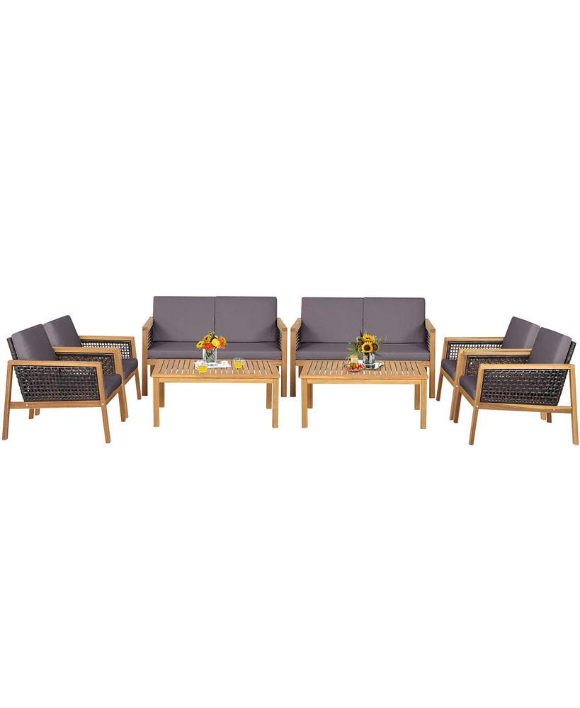 Gymax Piece Patio Pe Rattan Conversation Set Acacia Wood Furniture Set w/ Cushions