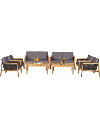 Gymax Piece Patio Pe Rattan Conversation Set Acacia Wood Furniture Set w/ Cushions