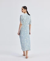 Reistor Women's Maxi Gathered Dress Blue Florals