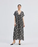 Reistor Women's Deep V-neck Maxi Dress with Front Gathers Black Florals