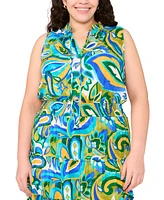 Msk Plus Printed Split-Neck Smocked-Waist Tiered Dress