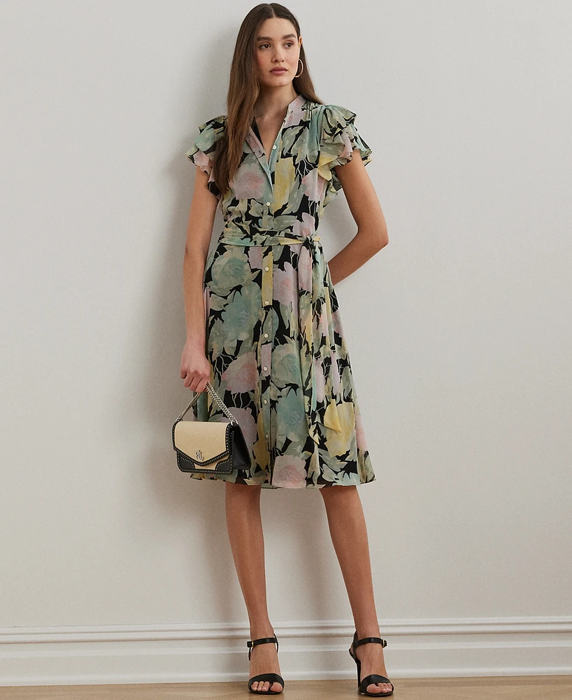 Lauren Ralph Petite Floral Belted Georgette Shirtdress