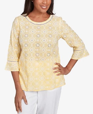 Alfred Dunner Petite Rise & Shine Embroidered Floral Eyelet Bell Sleeve Top