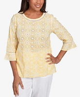 Alfred Dunner Petite Rise & Shine Embroidered Floral Eyelet Bell Sleeve Top