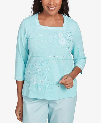 Alfred Dunner Petite St. Thomas Asymmetrical Dragonfly Embroidery Top