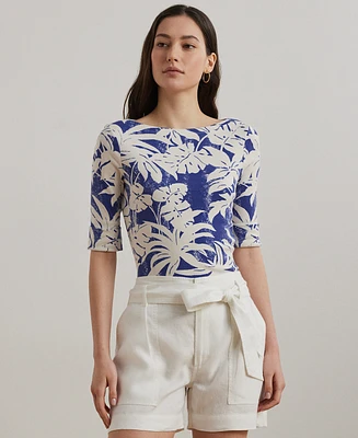 Lauren Ralph Petite Palm-Frond-Print Cotton Boatneck Tee