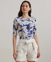 Lauren Ralph Petite Palm-Frond-Print Cotton Boatneck Tee