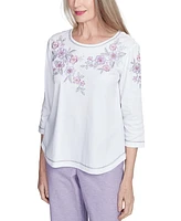 Alfred Dunner Petite Crystal Springs Embroidered Flower Crew Neck Top