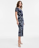 Robbie Bee Women's Printed Round-Neck Faux-Wrap Dress