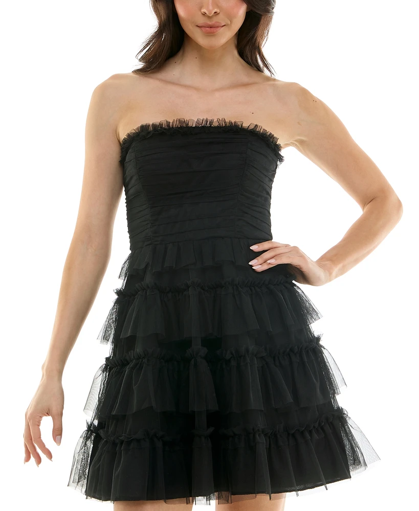 pear culture Women's Ruffled Tulle Strapless Fit & Flare Dress