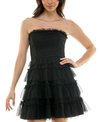 pear culture Women's Ruffled Tulle Strapless Fit & Flare Dress