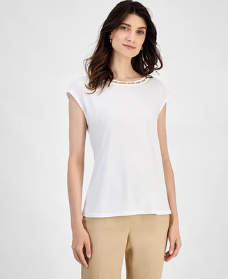 Kasper Women's Beaded-Neck Short-Sleeve Top