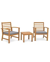 Gymax 3 Piece Outdoor Furniture Set Acacia Wood Conversation Set w/ Cushions