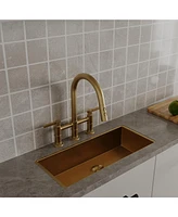 Modern Double Handle 3-Holes Deck Mount Bridge Kitchen Faucet with 2-Sprayer Patterns and 360 Swivel Spout in