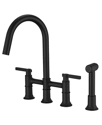 Modern Double Handle 4-Holes Deck Mount Bridge Kitchen Faucet with Side Sprayer Sink Faucet 360 Swivel Spout in Black