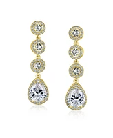 Bling Jewelry Classic Jewelry Fashion Statement Triple Round Pave Cz Halo Long Linear Pear Shape Dangle Teardrop Chandelier Earrings Yellow Gold Silve