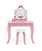 Kid Vanity Table Stool Set with Oval Rotatable Mirror