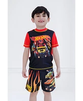 Hot Wheels Boys Upf 50+ Pullover Rash Guard and Swim Trunks Outfit Set to