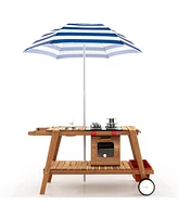 Wooden Pull Cart with Adjustable Sunshade Umbrella