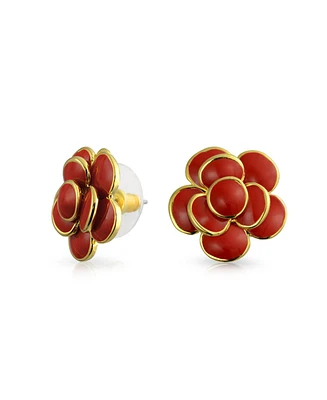 Bling Jewelry 3D Rose Flower Spring Retro Enamel Button Style Stud Earrings Gold Plated Brass