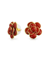Bling Jewelry 3D Rose Flower Spring Retro Enamel Button Style Stud Earrings Gold Plated Brass