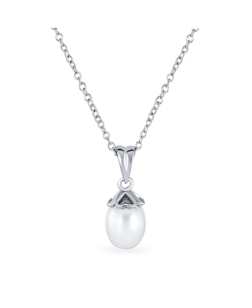 Bling Jewelry Feminine Romantic Hearts 9MM Pearl Pendant Necklace in Sterling Silver