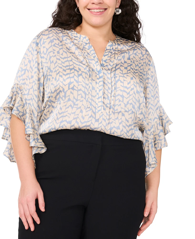 Vince Camuto Plus Printed Pintuck Flutter-Sleeve Blouse
