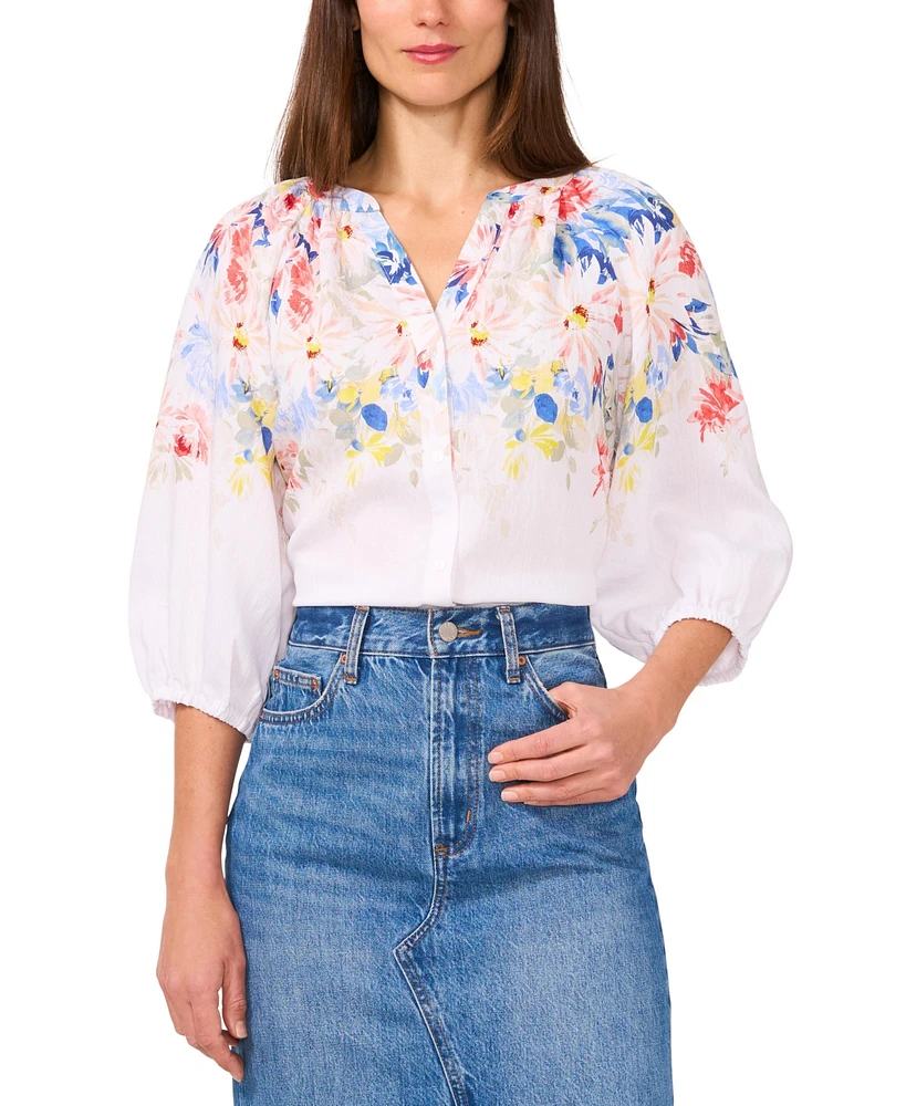 Vince Camuto Women's Floral-Print 3/4-Sleeve Split-Neck Top