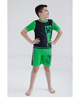 Minecraft Boys Zombie Creeper Alex Steve Rash Guard and Swim Trunks Outfit Set to