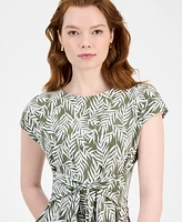 Kasper Women's Leaf-Print Tie-Waist Cap-Sleeve Top
