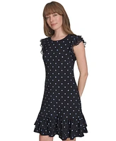 Tommy Hilfiger Women's Dot-Print Flutter-Sleeve Ruffled-Hem Chiffon Dress