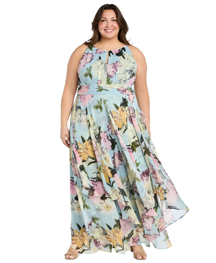 R & M Richards Plus Printed Sleeveless Ruffle Dress