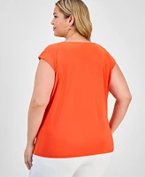 Kasper Plus Cowlneck Cap-Sleeve Top