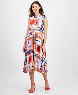 T Tahari Women's Printed Pleated Midi Shirtdress