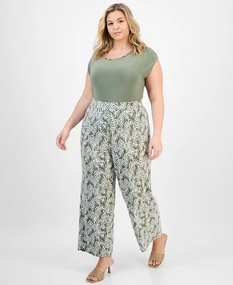 Kasper Plus Printed Wide-Leg Pull-On Pants