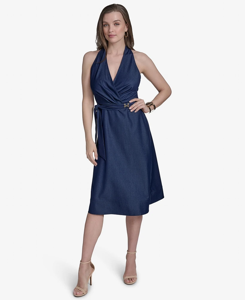 Halston Women's Sleeveless Halter-Neck Faux-Wrap Midi Dress