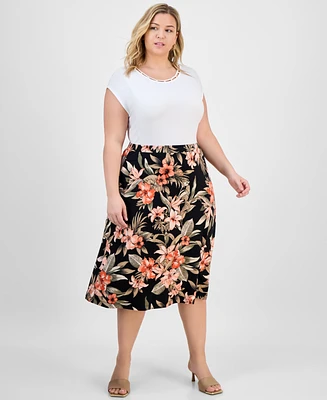 Kasper Plus Printed Pull-On Midi Skirt