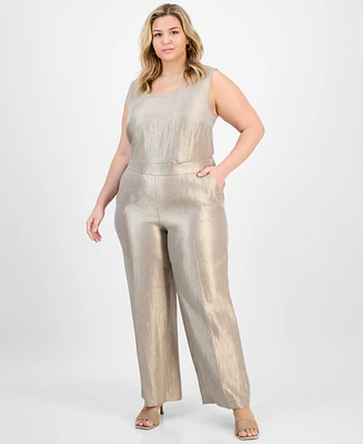Kasper Plus Metallic Wide-Leg Pull-On Pants