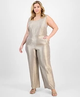 Kasper Plus Metallic Wide-Leg Pull-On Pants