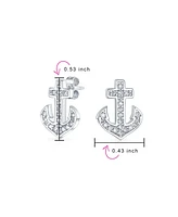 Bling Jewelry Whimsical Nautical Cz Stud Earrings with Boat Anchor, Pave Cubic Zirconia, Sterling Silver
