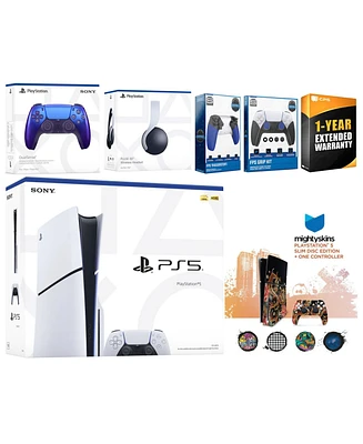 Sony Playstation 5 Slim Disc with White Pulse Headset, Extra Volcanic Red Controller, Trigger Stop Kit, Fps Grip Kit and MightySkins Decal Voucher + 1