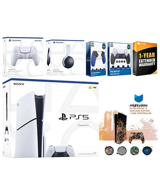 Sony Playstation 5 Slim Disc with White Pulse Headset, Extra Volcanic Red Controller, Trigger Stop Kit, Fps Grip Kit and MightySkins Decal Voucher + 1