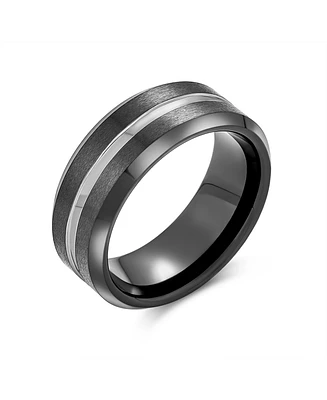 Bling Jewelry Simple Black Silver Two Tone Center Couples Titanium Band Ring Comfort Fit