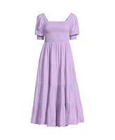 Lands' End Women's Smocked Cotton Dobby Midi Puff Sleeve Dress