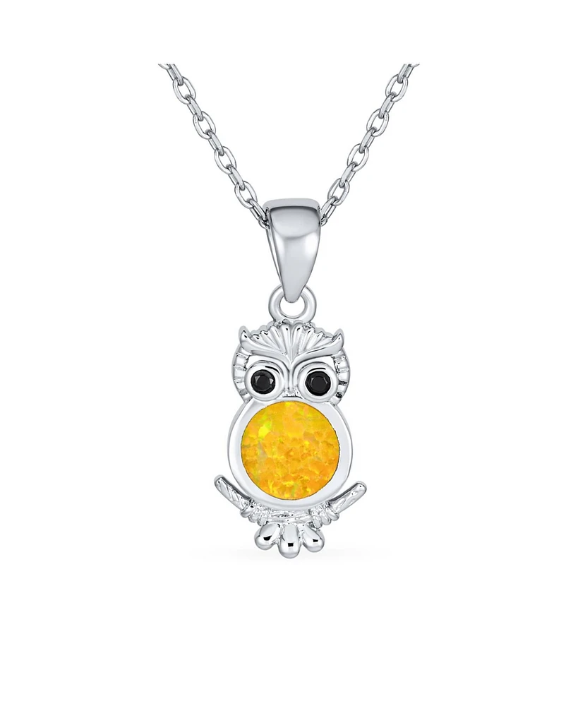 Bling Jewelry Opalescent Pet Animal Golden Yellow Created Opal Wide Eye Lucky Wise Bird Owl Necklace Pendant .925 Sterling Silver