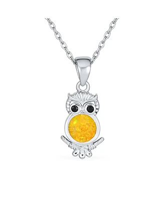 Bling Jewelry Opalescent Pet Animal Golden Yellow Created Opal Wide Eye Lucky Wise Bird Owl Necklace Pendant .925 Sterling Silver