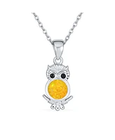 Bling Jewelry Opalescent Pet Animal Golden Yellow Created Opal Wide Eye Lucky Wise Bird Owl Necklace Pendant .925 Sterling Silver