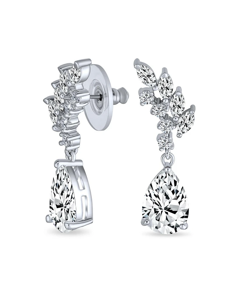 Bling Jewelry Prom Leaf Teardrop Dangle Chandelier Earrings Silver Cubic Zirconia 1.3 Inch
