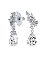 Bling Jewelry Prom Leaf Teardrop Dangle Chandelier Earrings Silver Cubic Zirconia 1.3 Inch
